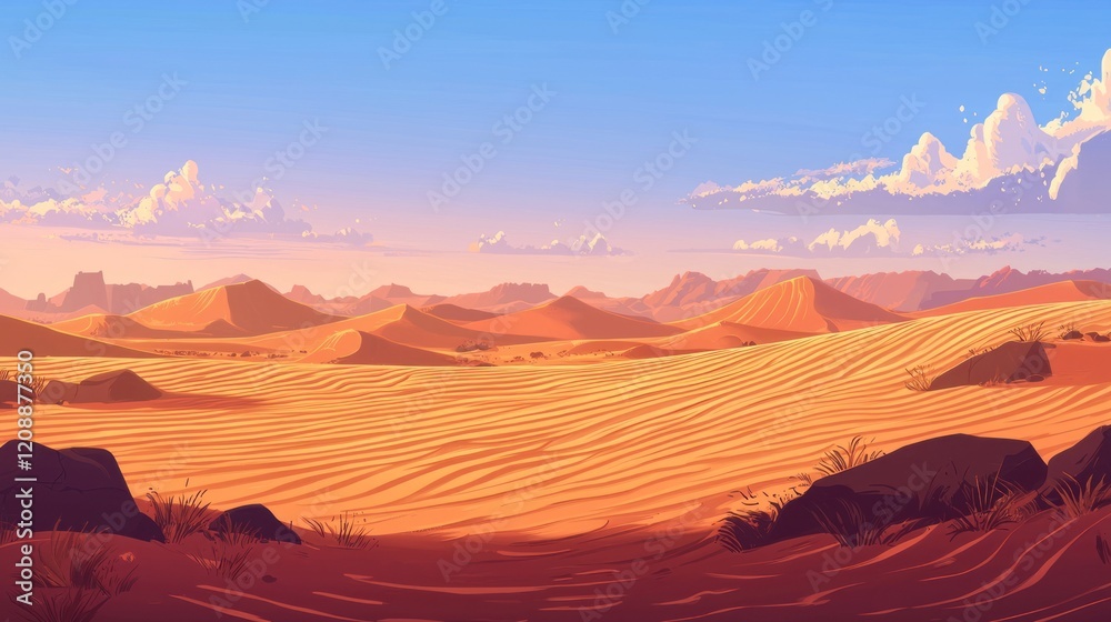 Naklejka premium Panoramic view of a vast, sandy desert landscape under a clear sky at sunset.