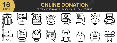 Online Donation icon set. Editable Stroke Icon Collection. Includes Online, Donation, Charity, Support, Funding, Relief, and More. Outline icons vector collection.