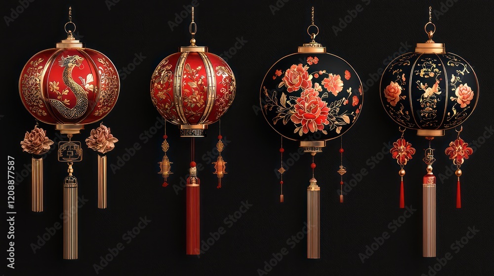 Four decorative lanterns in red and black, showcasing intricate floral designs for celebrations. Four decorative lanterns in red and black, showcasing intricate floral designs for celebrations.