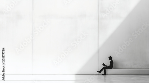 A stark, white canvas with one black silhouette of a person reading