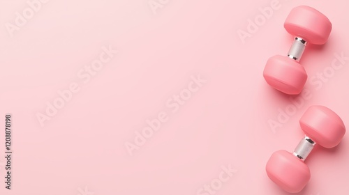 Pink dumbbells on a pink background with copy space. Concept for Gym banner, Girl sport