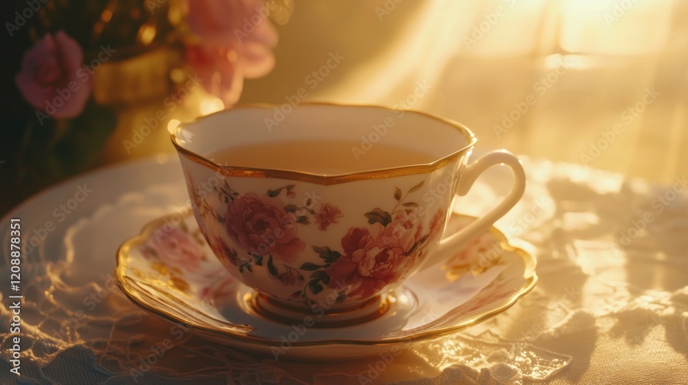 Floral teacup on saucer in sunlight. Floral teacup on saucer in sunlight.