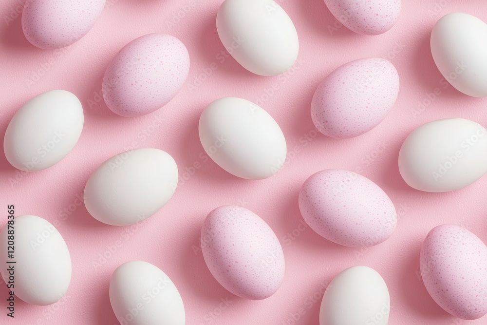 Pattern of white and pink speckled eggs on soft pink background Pattern of white and pink speckled eggs on soft pink background