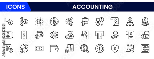 Accounting set of web icons in line style. Accounting and audit icons for web and mobile app. Containing finance report and audit, invoice, tax return, accounting, auditing, inspection and more.