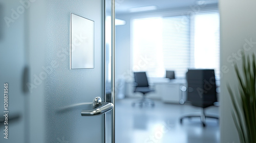 Modern office interior with glass door and blurred background