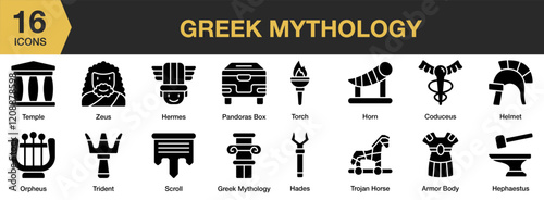 Greek Mythology solid icon set. Includes roman, myth, olympus, sculpture, aphrodite, and More. Solid icons vector collection.
