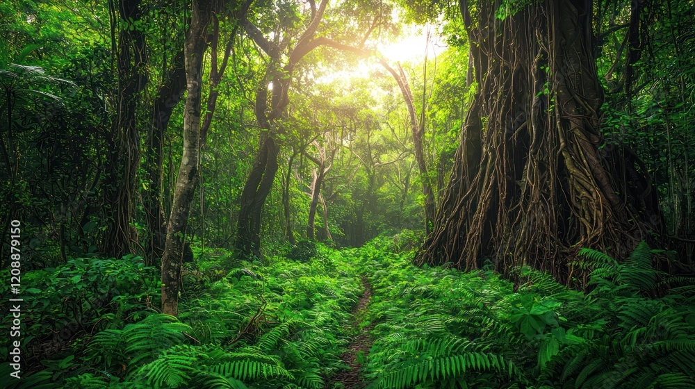 Fototapeta premium Lush jungle path with sunlight filtering through canopy.