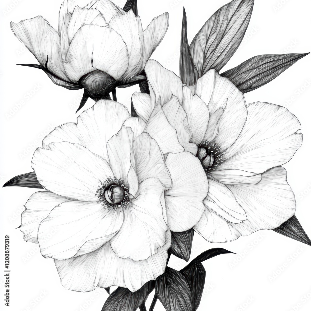 Fototapeta premium Elegant Monochrome Peony Flowers Botanical Line Art Floral Drawing Hand Drawn Black an