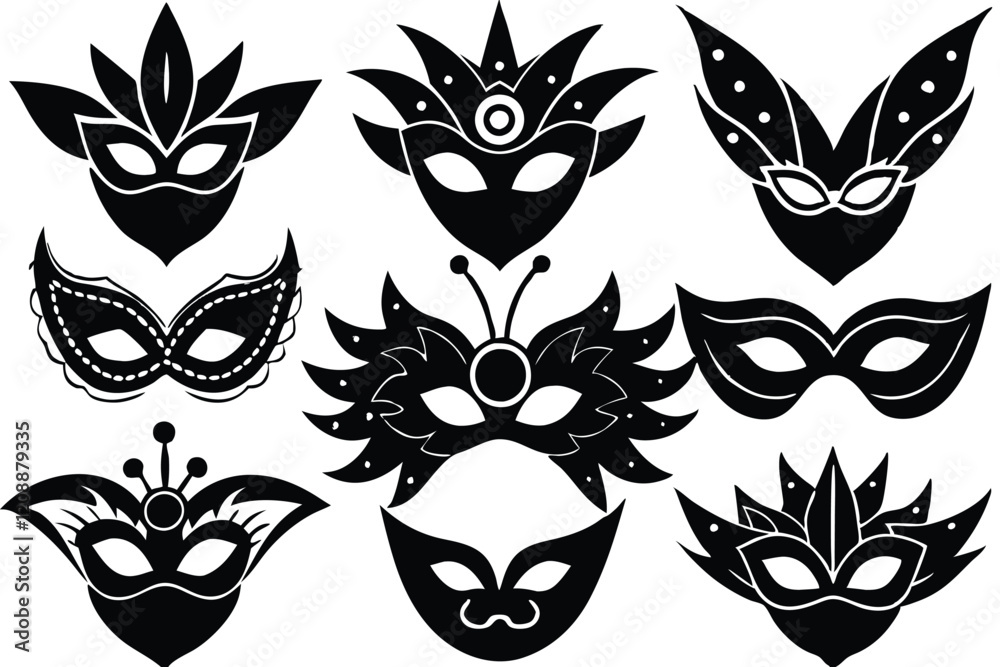 Fototapeta premium Set of differents masquarade mask silhouette vector illustration