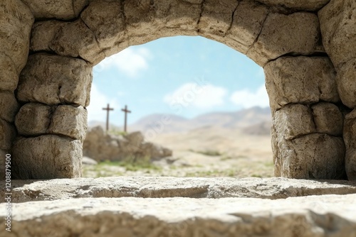 View from stone tomb with crosses on a distant hill under blue sky photo