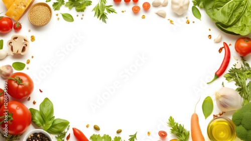 Fresh vegetables border frame on white background with copy space at center