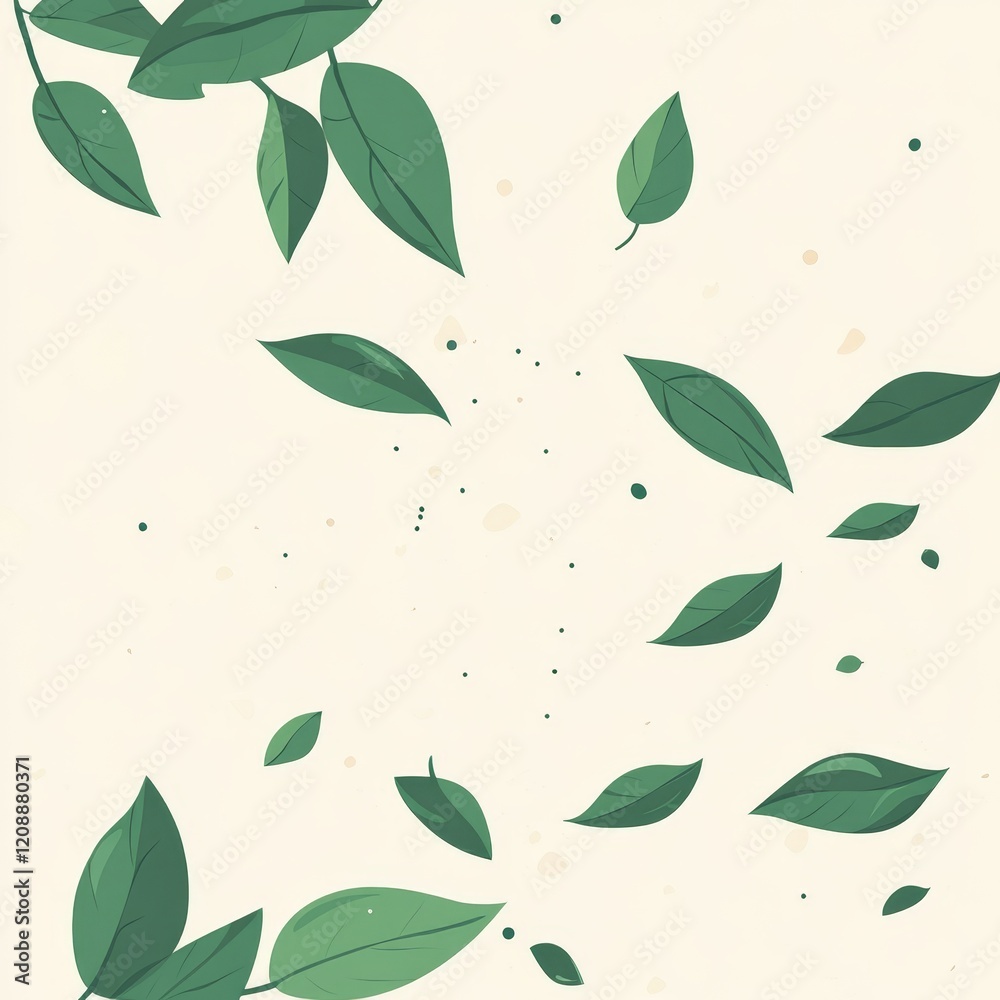 Green Leaves Falling on Soft Beige Background in Minimalist Style Green Leaves Falling on Soft Beige Background in Minimalist Style