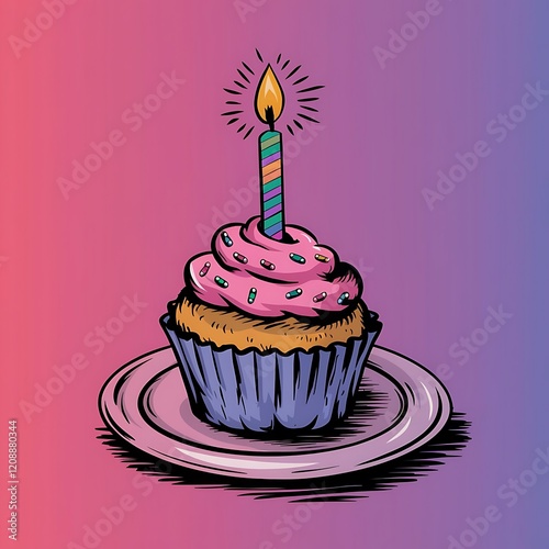 Birthday cupcake with candles On gradient background