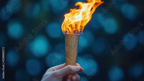 A hand holds a flaming torch against a blurred blue background. photo