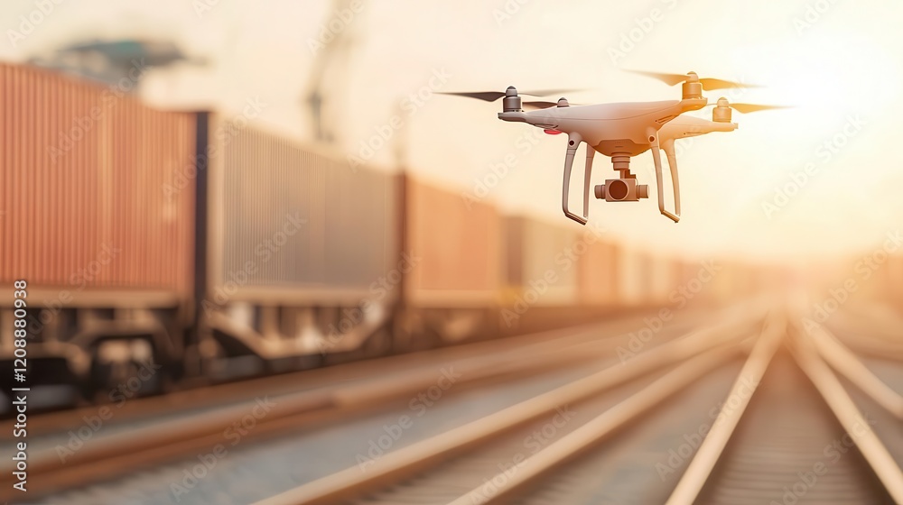Fototapeta premium Drone scanning a freight train for shipment data, futuristic cargo tracking, cuttingedge logistics systems