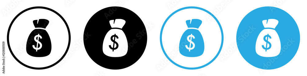Vector set of Money bag icons. Money bag with dollar sign. Dollar money bag vector icons set in black and blue circle. Silhouette and outline icon. Vector illustration. Vector set of Money bag icons. Money bag with dollar sign. Dollar money bag vector icons set in black and blue circle. Silhouette and outline icon. Vector illustration.