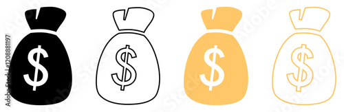 Money bag with dollar sign. Dollar money bag vector icons set. Set of Money bag icons isolated. Silhouette and outline line icons. Flat style. Vector illustration.
