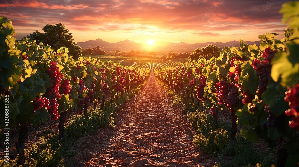 Naklejka premium Golden Sunset Over a Vibrant Vineyard with Ripe Red Grapes Ready for Harvest