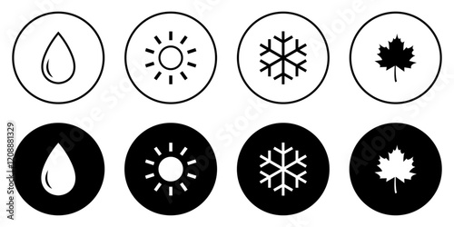 Collection of four seasons icon. Sun, water, autumn winter, and snowflake icons set. Set of icons of season silhouette and outline style. Vector illustration. Flat design.