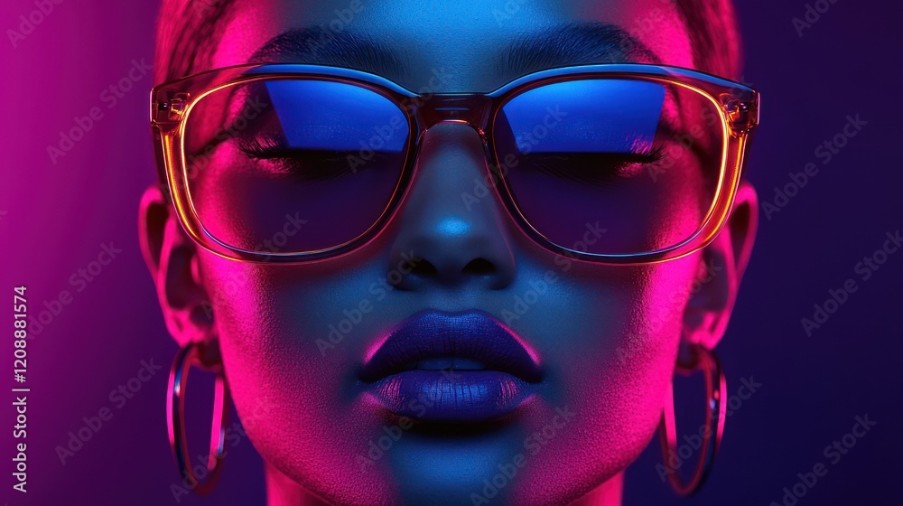 A close-up portrait of a person with colorful lighting and stylish sunglasses. A close-up portrait of a person with colorful lighting and stylish sunglasses.