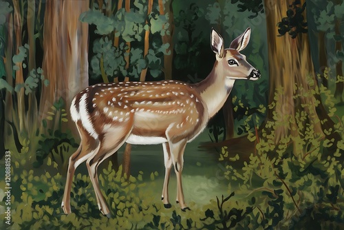 A Watercolor art on Deer in the forest, Fawn in Sunlight, A Painting of a Deer in a Forest isolated nature background