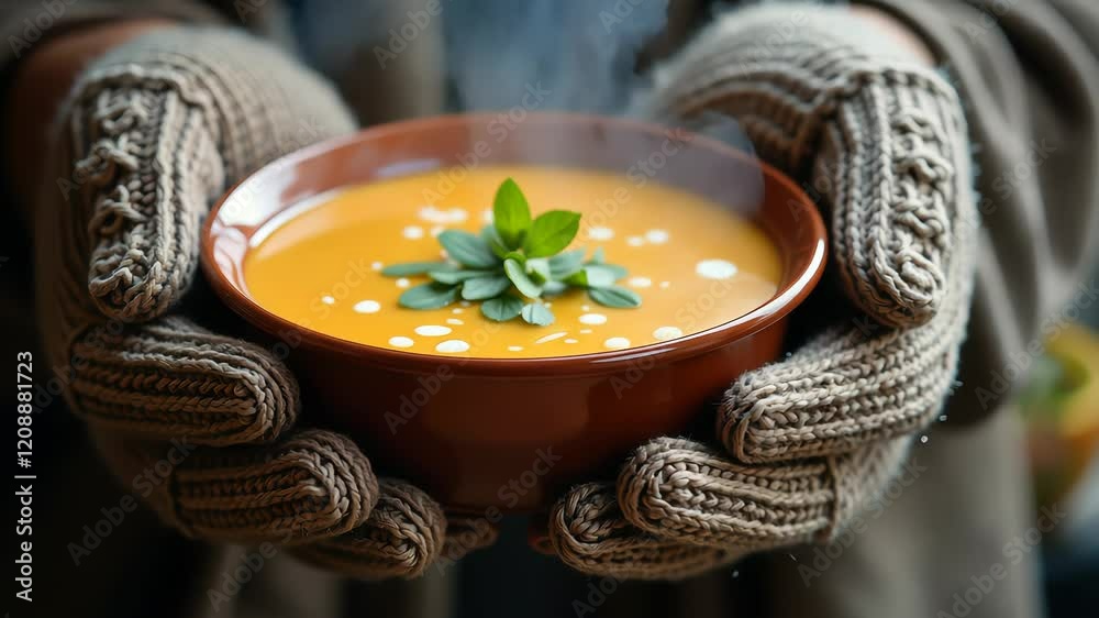 Cozy autumn soup in knitted gloves: rustic comfort and warmth in every sip