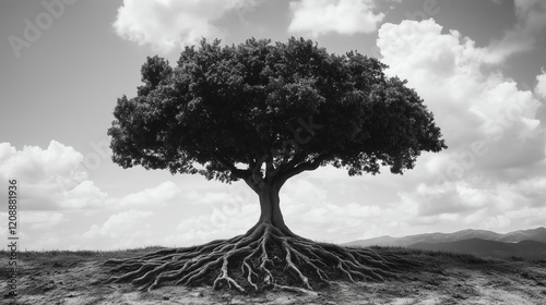 One black and white photo of a tree, its roots strong