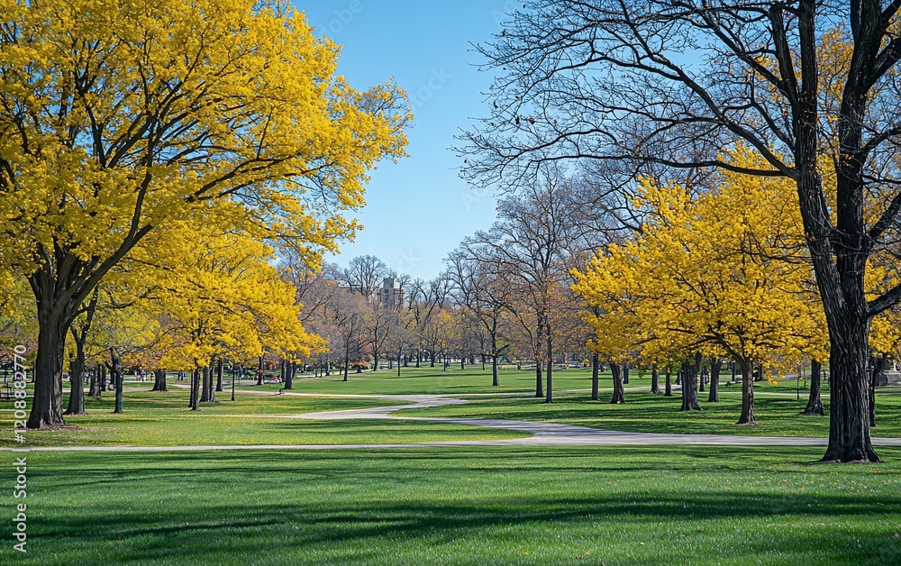 Sunny park with vibrant yellow trees and green grass. Sunny park with vibrant yellow trees and green grass.