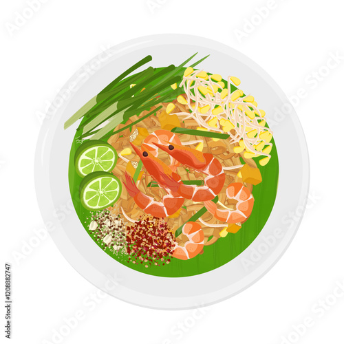 Vector Illustration Logo Clipart Top View Pad Thai Stir Fried Rice Noodles on a Plate 