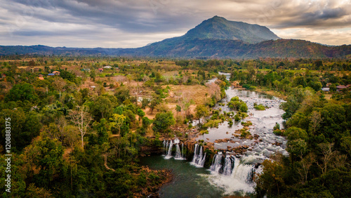 Drone above Bolaven Plateau waterfall near Pakse Laos travel destination motorcycle loop adventure photo