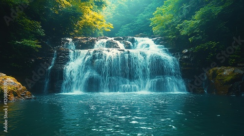 Majestic waterfall cascading down rocky tiers into a serene pool surrounded by lush green vegetation photo