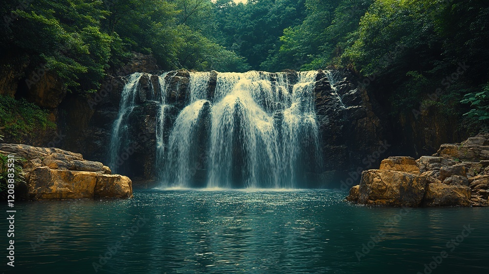 Fototapeta premium Scenic waterfall cascading into a tranquil pond surrounded by lush vegetation
