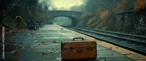 Vintage suitcase sits on a deserted, rain-swept train platform.
