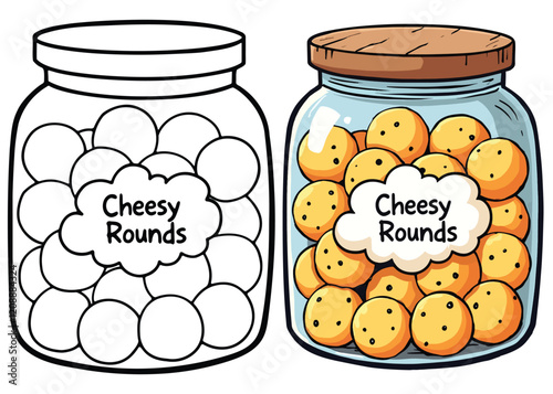 A Glass Jar of Cheese Round Line Art Vector Illustration Black and White with Coloring Sample. Bold and Easy Food, Fruits, Sweets, Drinks, Dessert, and Snacks Coloring Pages for Adults and Kids