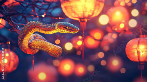 A golden snake slithers gracefully among glowing Chinese New Year lanterns, embodying the cultural significance and festive atmosphere of the holiday. AI generative photo