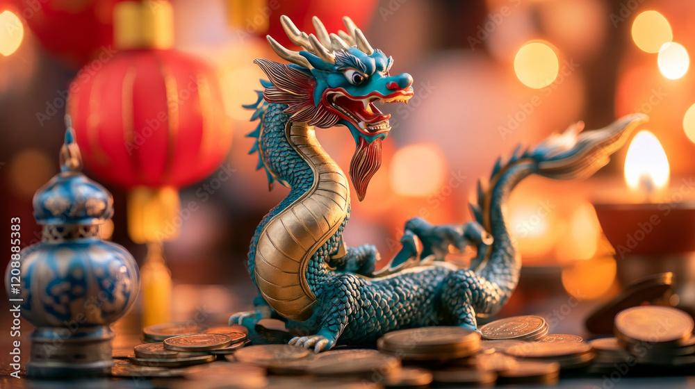 Obraz premium The playful dragon figurine surrounded by Chinese coins brings a sense of fortune and luck embodies tradition, prosperity, and good luck for the new year representing wealth and culture. AI generative