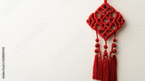 A beautiful red Chinese knot hangs against a minimalist white background, symbolizing luck and prosperity. AI generative photo