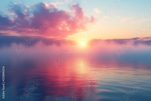 Pink sunset over calm ocean with fog. photo