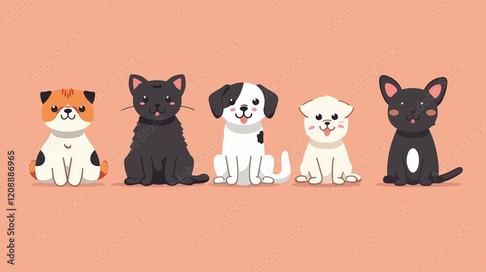 Naklejka premium Adorable Pets Sitting in Row, Smiling at Camera - Pet Photography Concept