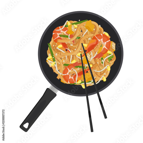 Vector Illustration Logo Clipart Cooking Shrimp Pad Thai on a Pan 