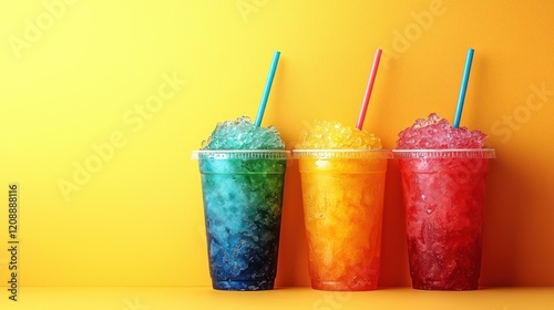 Colorful slush drinks in clear cups against a bright orange background.