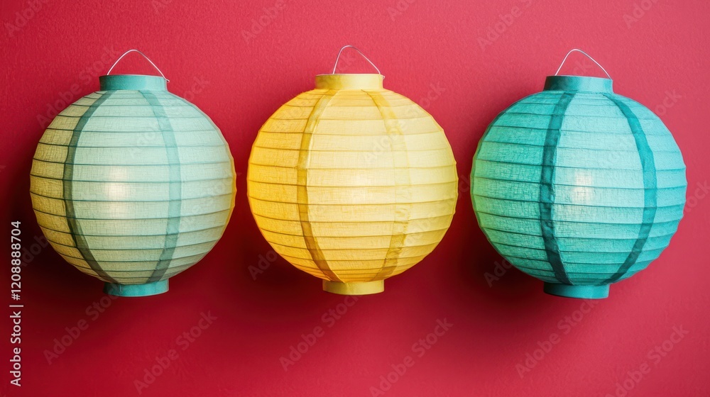 Three colorful paper lanterns hanging against a red wall, creating a festive atmosphere. Three colorful paper lanterns hanging against a red wall, creating a festive atmosphere.