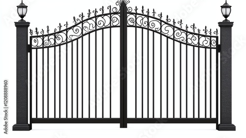A decorative black wrought iron gate with elegant curves and lanterns, providing both security and aesthetic appeal.