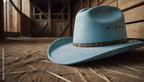 light blue cowboy hat laying on the ground inside a barn