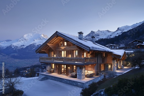 Luxurious Chalet in the Swiss Alps at Dusk, Mountain View
