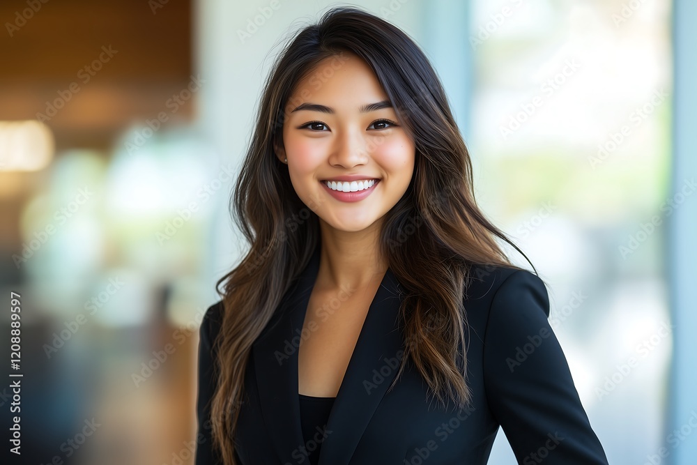 Fototapeta premium Portrait of a Smiling Young Asian Businesswoman in a Modern Office Setting