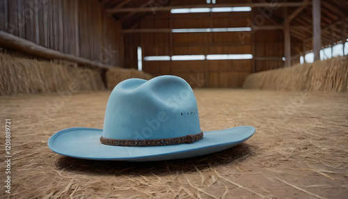 light blue cowboy hat laying on the ground inside a barn