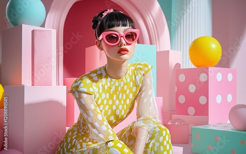 Stylish woman in pink sunglasses and yellow polka dot dress, posing amidst pastel geometric shapes.