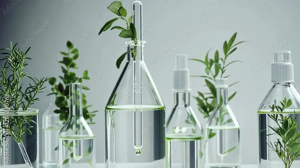Plants and herbs in glass containers with water create a serene laboratory setting for natural experimentation