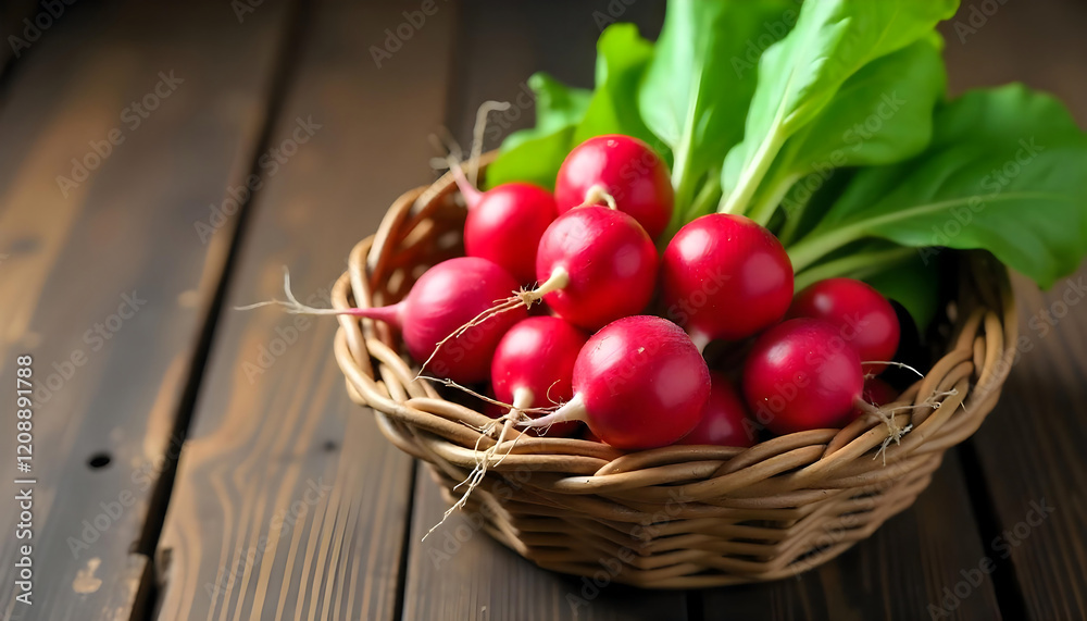 Fresh Red Radishes in Basket Rustic Wooden Background Fresh Red Radishes in Basket Rustic Wooden Background